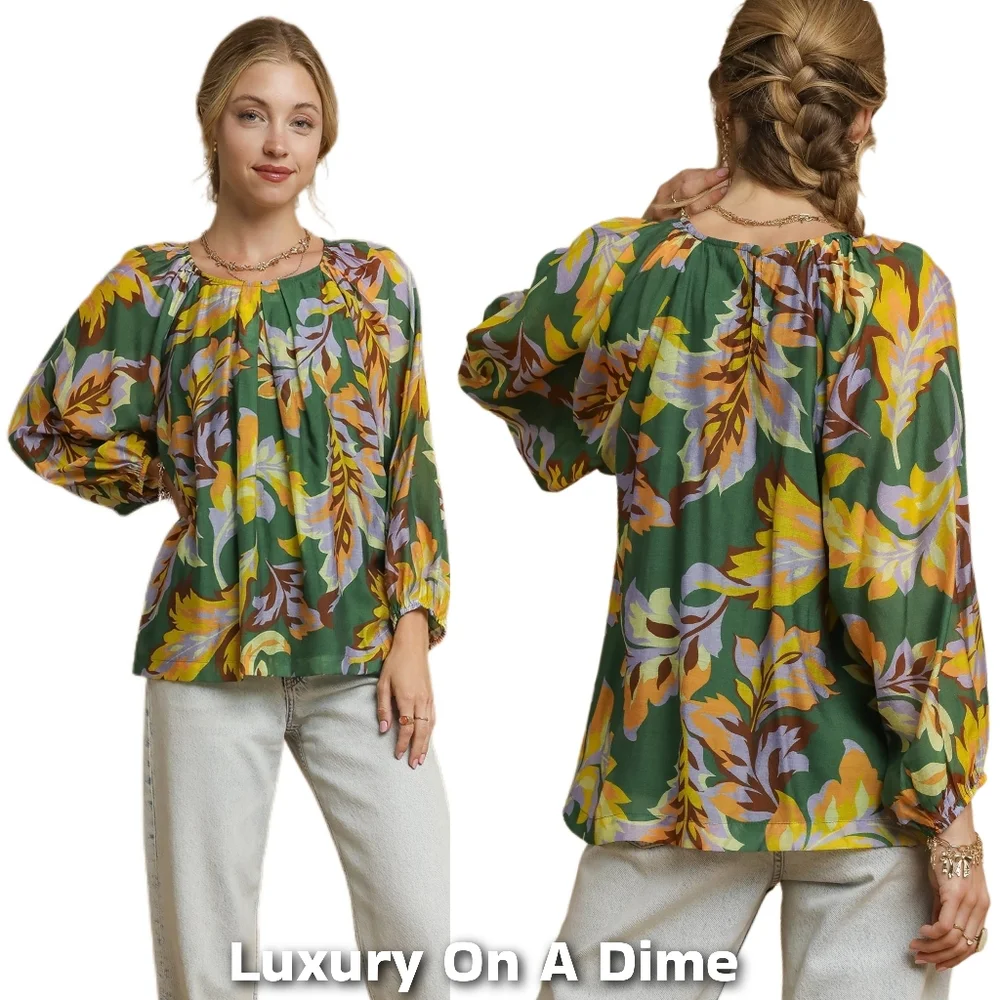 Umgee Retro Abstract Shirt Pleated 70s Round Neck Top Long Balloon Sleeve Blouse - Picture 2 of 16